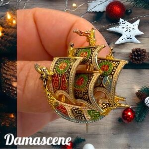 Damascene Spanish Galleon Ship Brooch Vintage Toledo Bohemian Jewelry